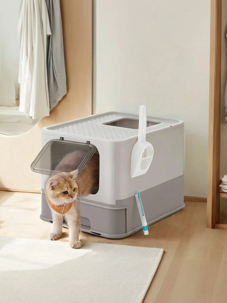 Caixa de areia para gatos com tampa 54,3 x 42,5 x 37,8 cm, tabuleiro extraível cinzento