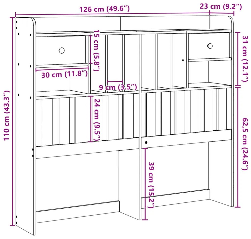 Cabeceira com arrumação 120 cm madeira de pinho maciça