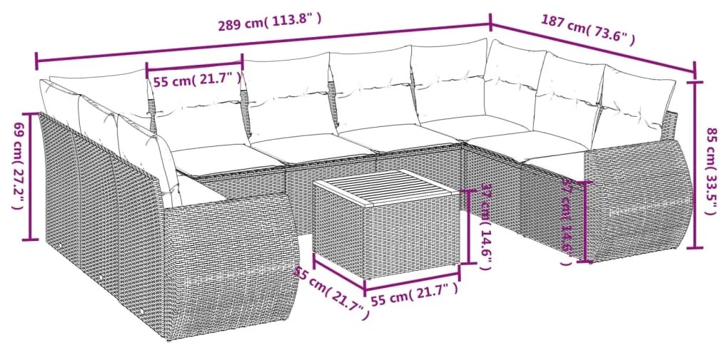 10 pcs conjunto sofás de jardim c/ almofadões vime PE preto