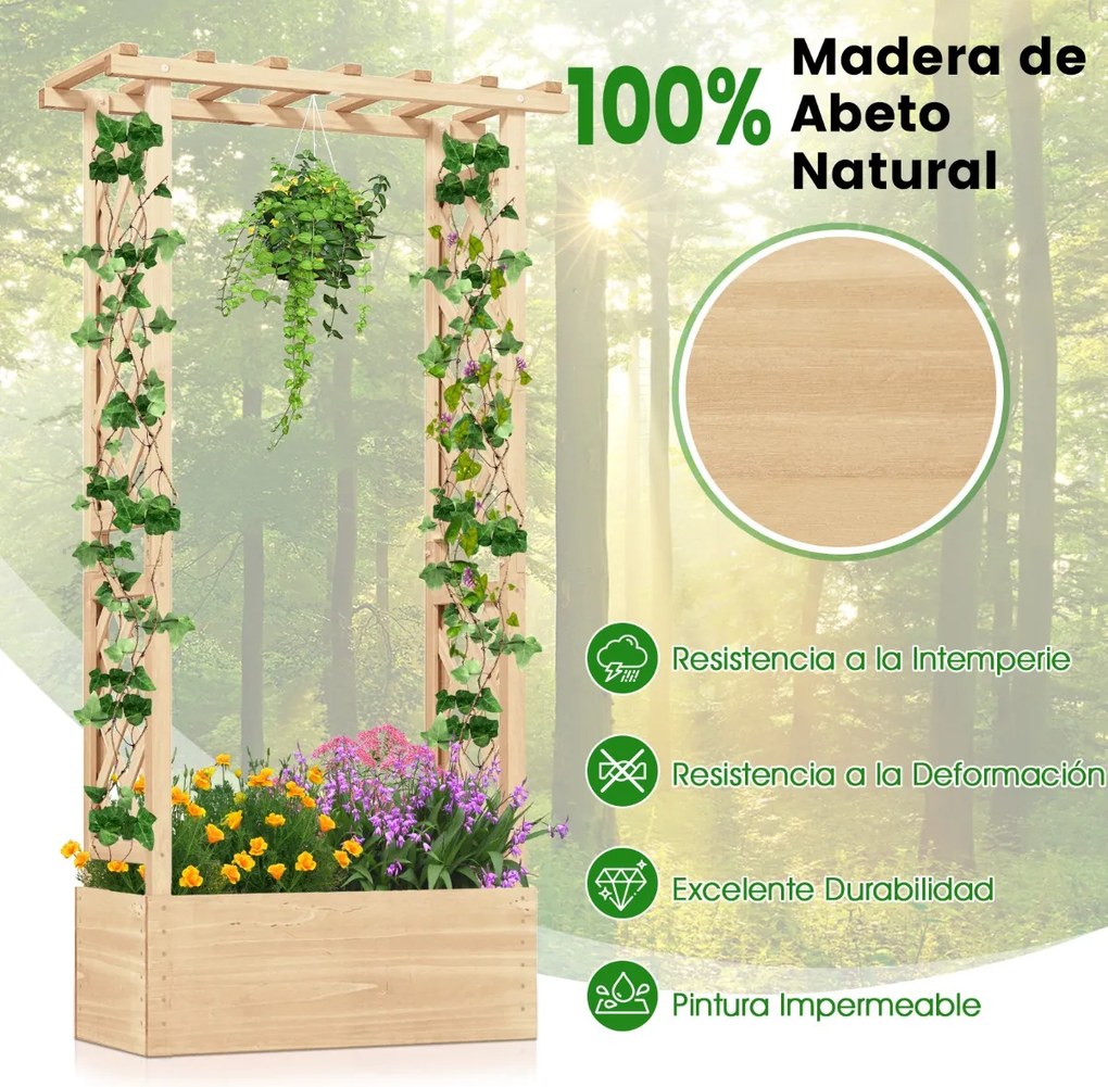 Floreira elevada em madeira de abeto com treliça 78 x 36 x 152 cm, tampa suspensa, 2 orifícios de drenagem e 2 painéis para jardim, terraço ou pátio N