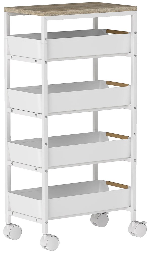 HOMCOM Carrinho de Cozinha de Armazenamento de 5 Níveis Carrinho Auxiliar com Rodas Bancada com Efeito Madeira 39,5x24x82 cm Branco | Aosom Portugal