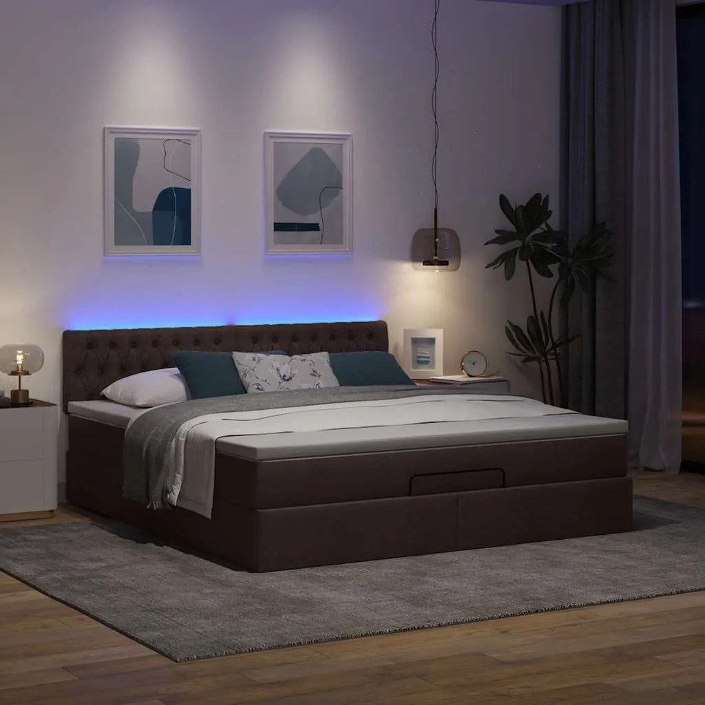 Estrutura de cama otomana com colchão tecido castanho escuro