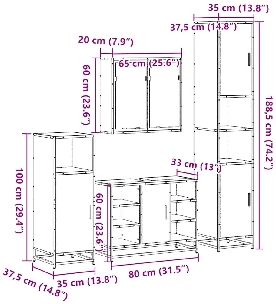 4 pcs Conjunto móveis casa de banho madeira proc. cinza sonoma