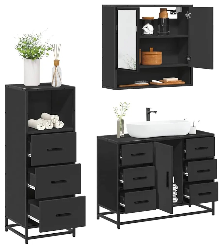 vidaXL 3 pcs conjunto móveis casa de banho derivados de madeira preto
