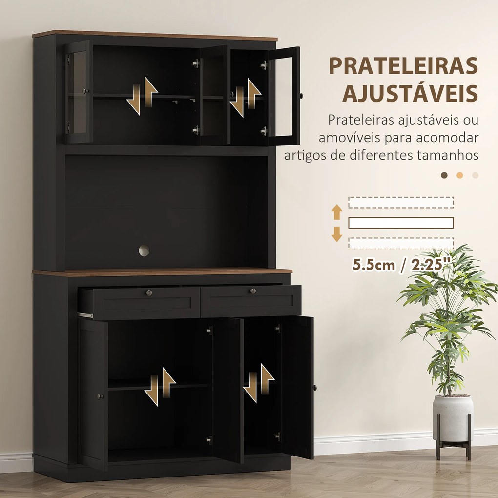 Armário de Cozinha com 3 Portas de Vidro Compartimento Aberto 2 Gavetas e Prateleiras Ajustáveis 100x40x180 cm Preto