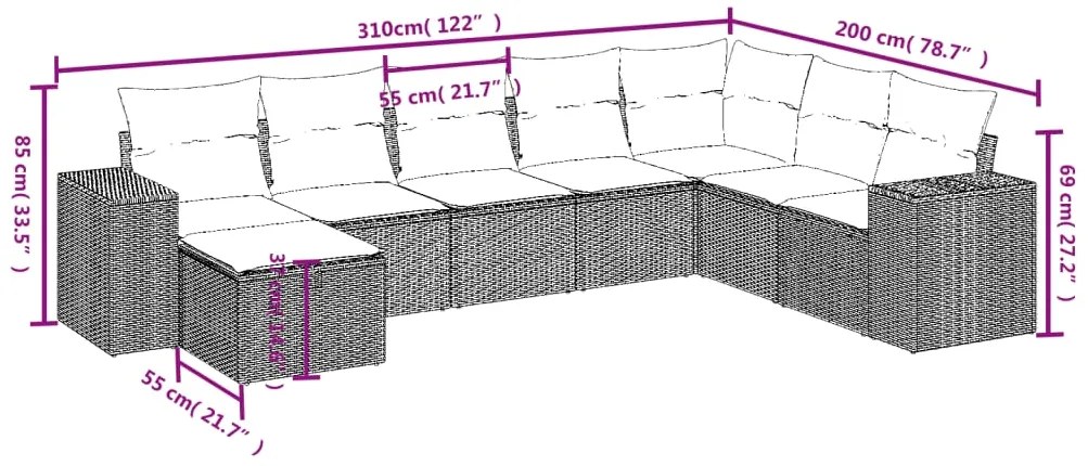 8 pcs conjunto sofás de jardim c/ almofadões vime PE castanho