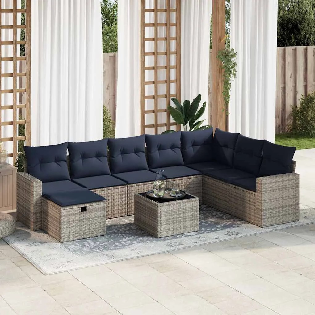 9 pcs conjunto sofás p/ jardim com almofadões vime PE cinzento