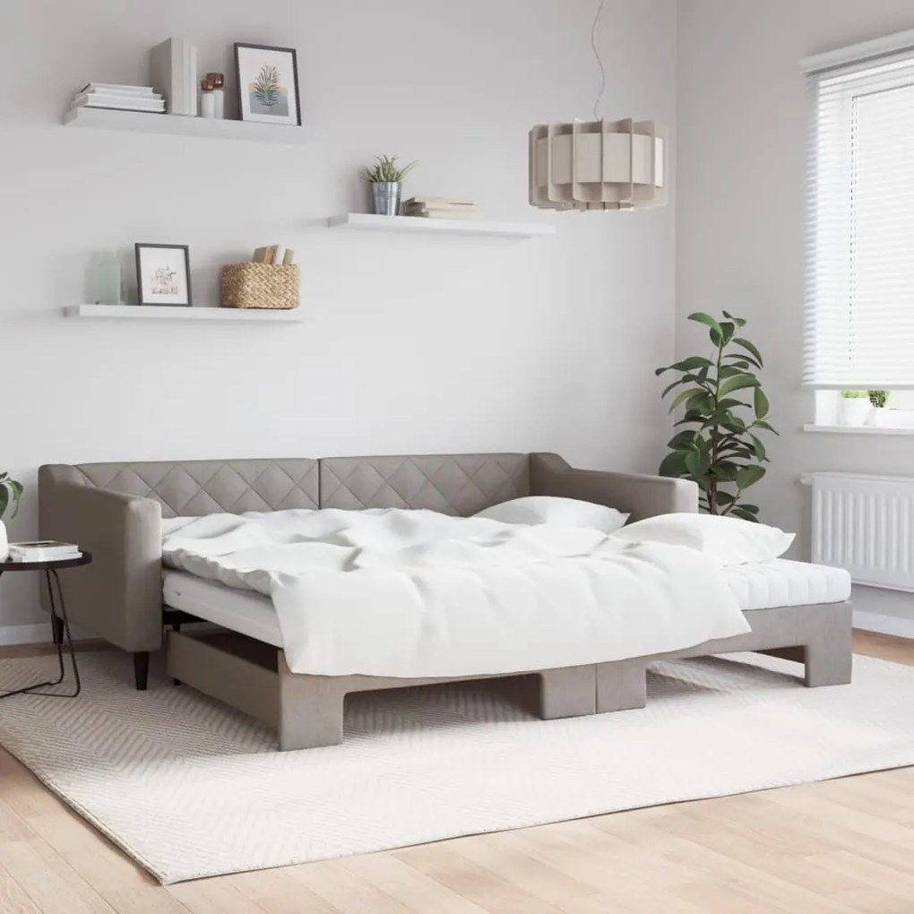 vidaXL Sofá-cama + gavetão/colchões 100x200cm tecido cinza-acastanhado
