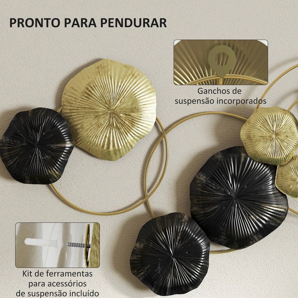 Decoração de Parede em Metal com Forma de Flor de Lótus Adorno para Sala Moderna Decoração 84x35 cm Dourado e Preto