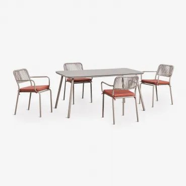 Conjunto De Mesa Retangular 160x90 Cm E 4 Cadeiras De Jardim Empilháveis Em Corda Trançada Arhiza Castanho Moka - Terracota - Sklum