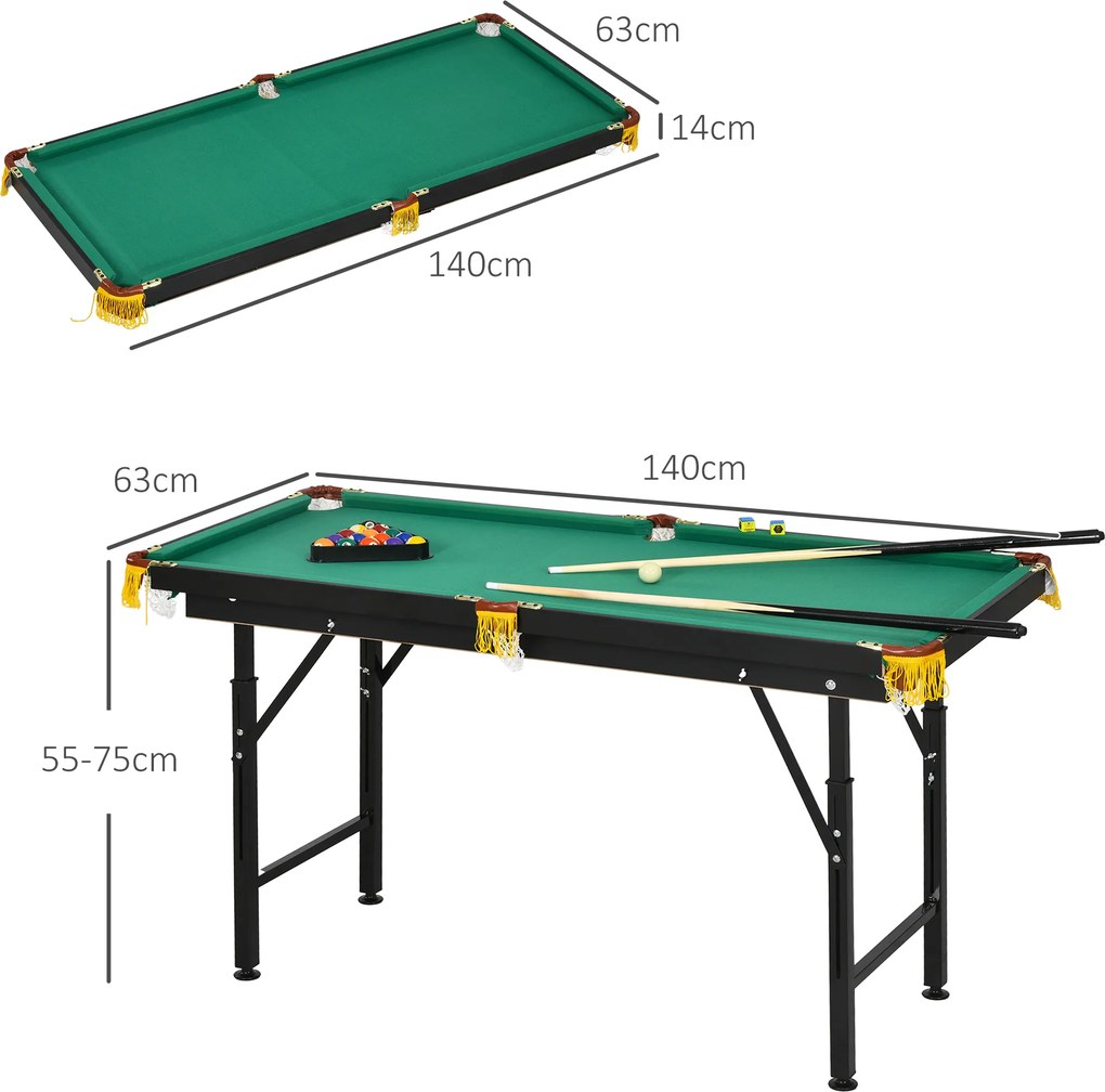 Mesa de Bilhar para crianças Dobrável 140 cm com Altura Ajustável, 16 Bolas, 2 Tacos, 2 Giz, Triângulo e Escova, Verde