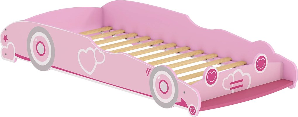 Cama Infantil 70x140 cm em Forma de Carro (COLCHÃO NÃO INCLUIDO) com Barreira de Proteção e Estrado para Crianças de 3-5 Anos Rosa