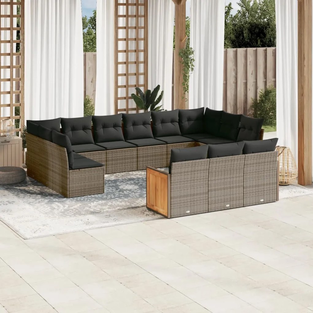 13 pcs conjunto sofás p/ jardim c/ almofadões vime PE cinzento
