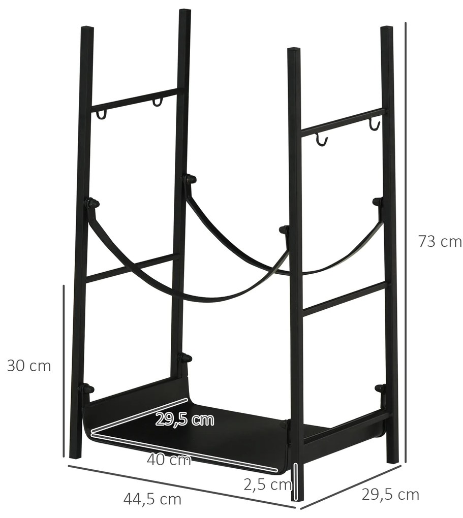 Suporte para Lenha de 2 Níveis Porta Lenha Exterior e Interior Metálico com 4 Ferramentas para Lareira Carga Máx. 70kg 44,5x29,x73 cm Preto