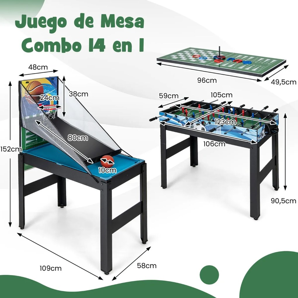 Conjunto de mesas multi-jogo 14 em 1 Kit combinado de basquetebol e matraquilhos com hóquei Bilhar Ténis de mesa Bowling Shuffleboard Xadrez Damas e G
