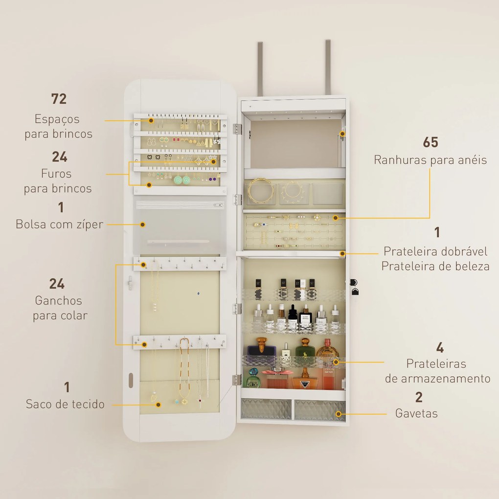 Espelho para Joias com Luz LED Montado na Parede ou na Porta com Fechadura Espelho de Corpo Inteiro 2 Gavetas Branco