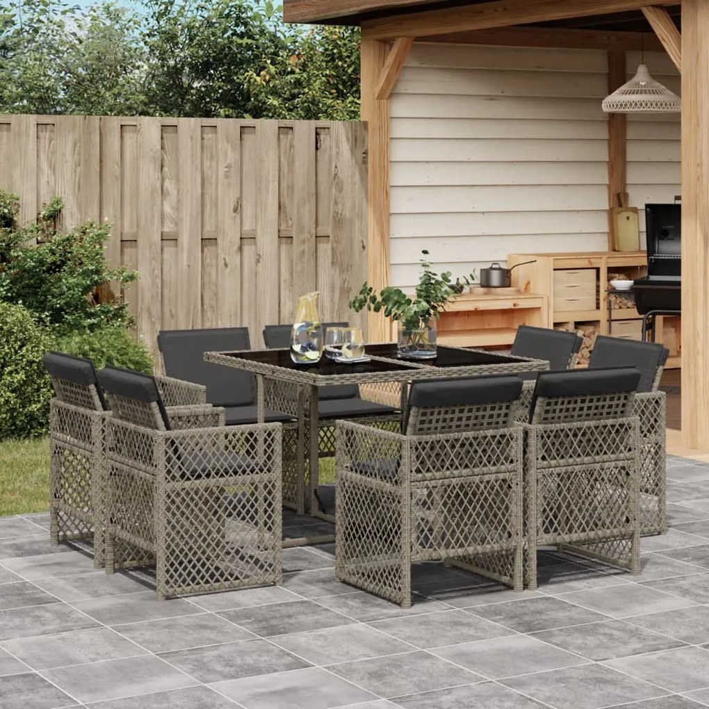 vidaXL 9 pcs conjunto de jantar p/ jardim c/ almofadões vime PE cinza