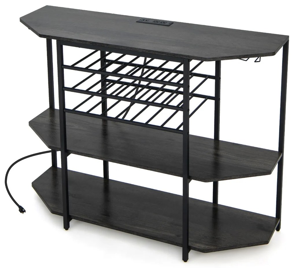 Garrafeira Armário para vinhos Estante de 3 níveis para vinhos com suportes para copos Tomadas eléctricas Estante para vinhos de bar 120 x 40 x 92 cm