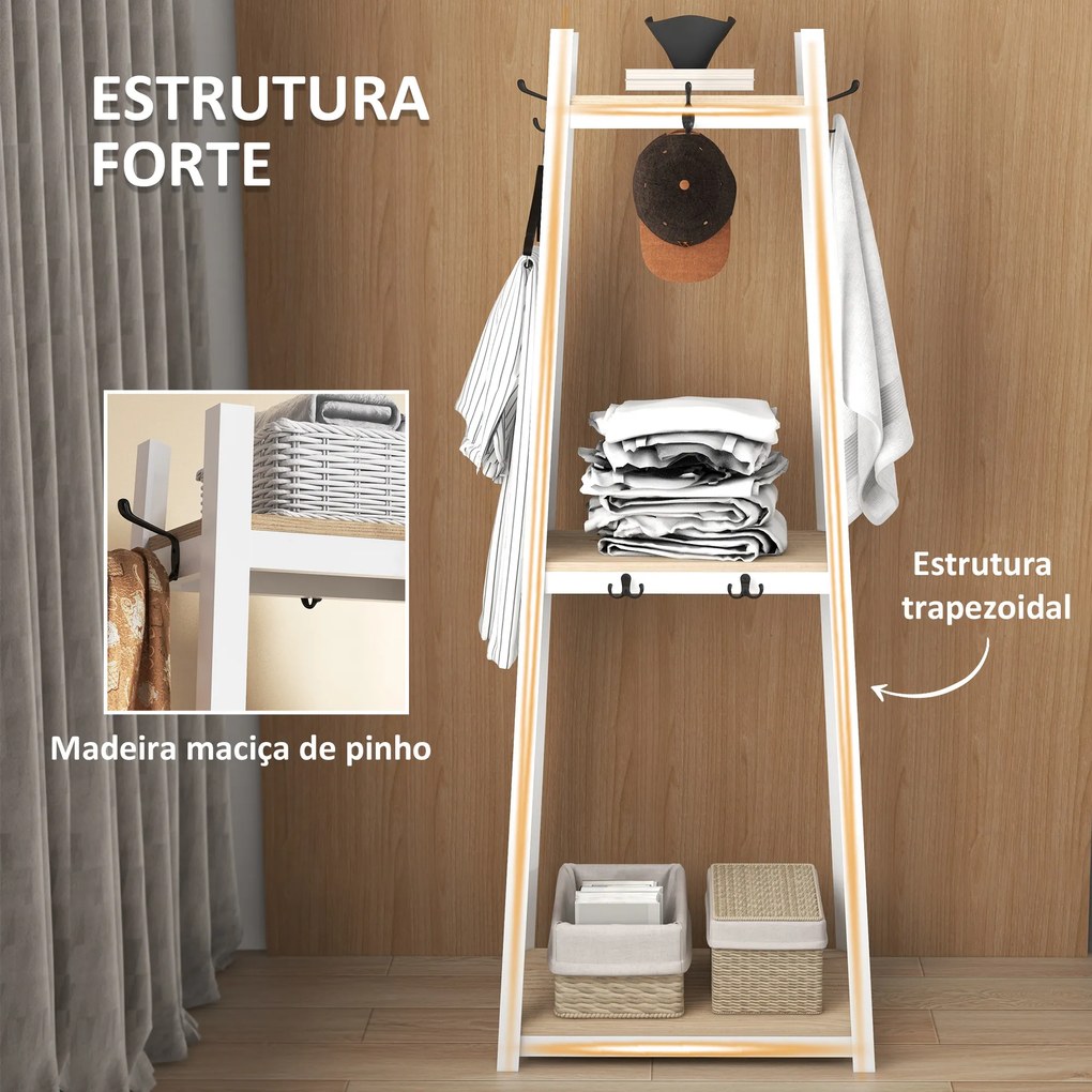 Suporte para Cabides de 3 Níveis Suporte para Cabides com 6 Ganchos e Prateleiras para Entrada Corredor 61x41x165 cm Natural