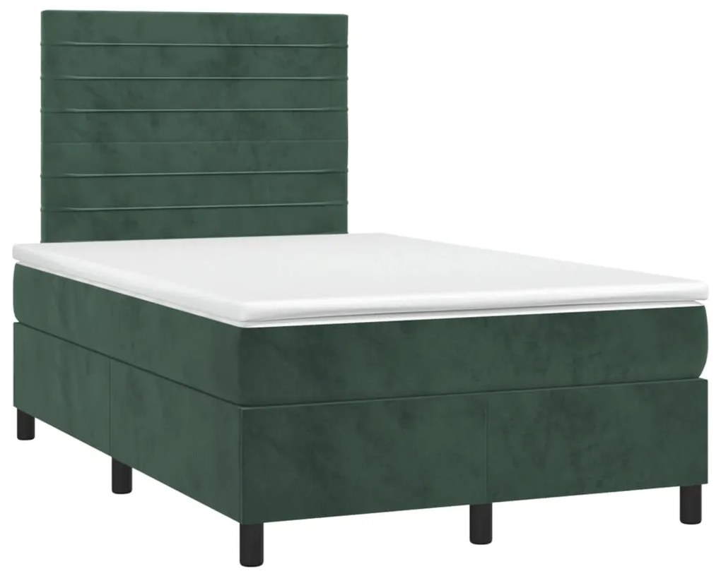Cama box spring c/ colchão/LED 120x200 cm veludo verde-escuro