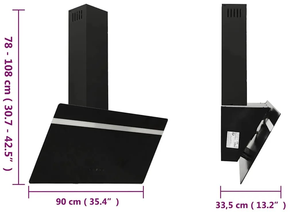Exaustor de parede 90 cm aço e vidro temperado preto