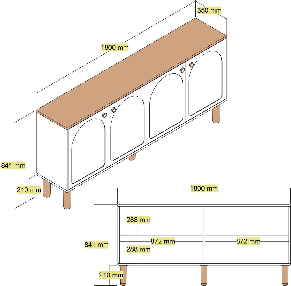 Aparador "Bianco" - Creme - 180x84x35cm - Design Moderno