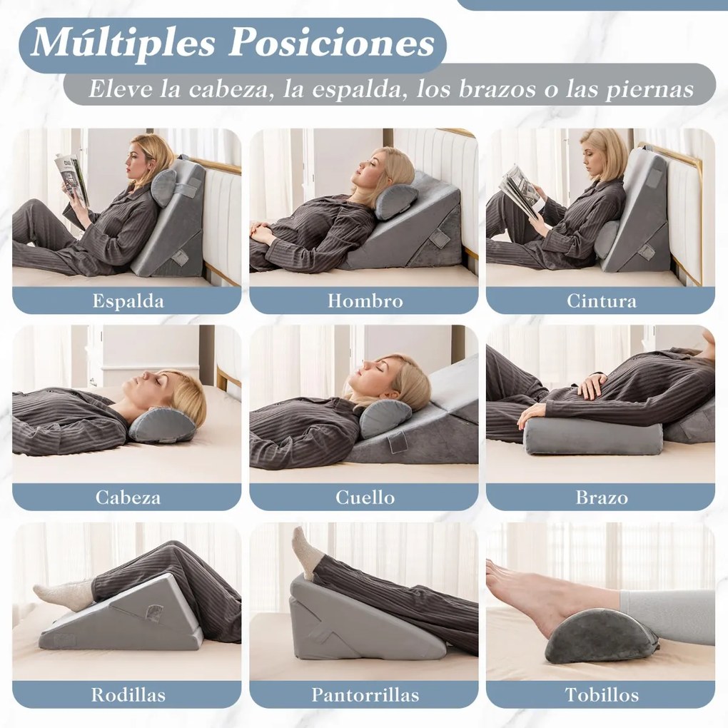 Conjunto de 3 almofadas em cunha para cama, com espuma viscoelástica ortopédica para as costas e as pernas, na cor cinzenta