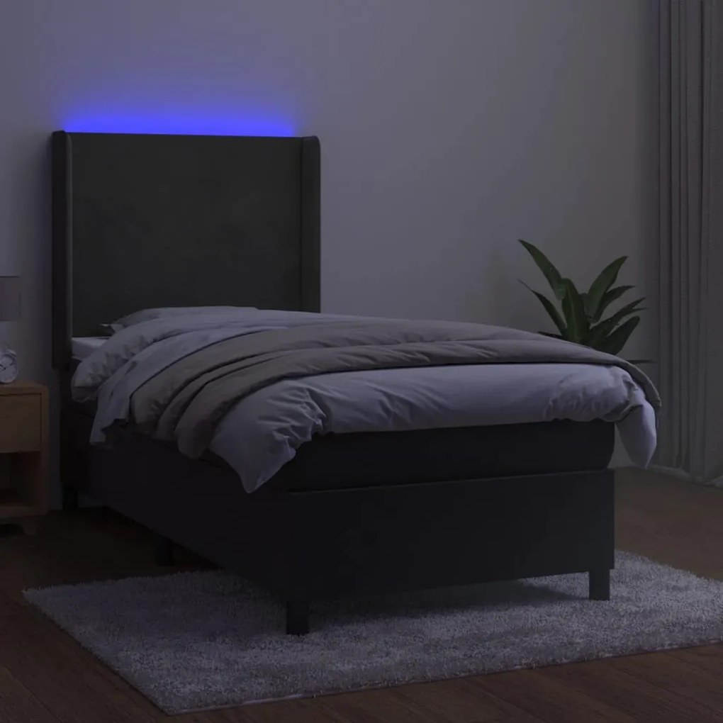 Cama box spring c/ colchão/LED 100x200cm veludo cinzento-escuro