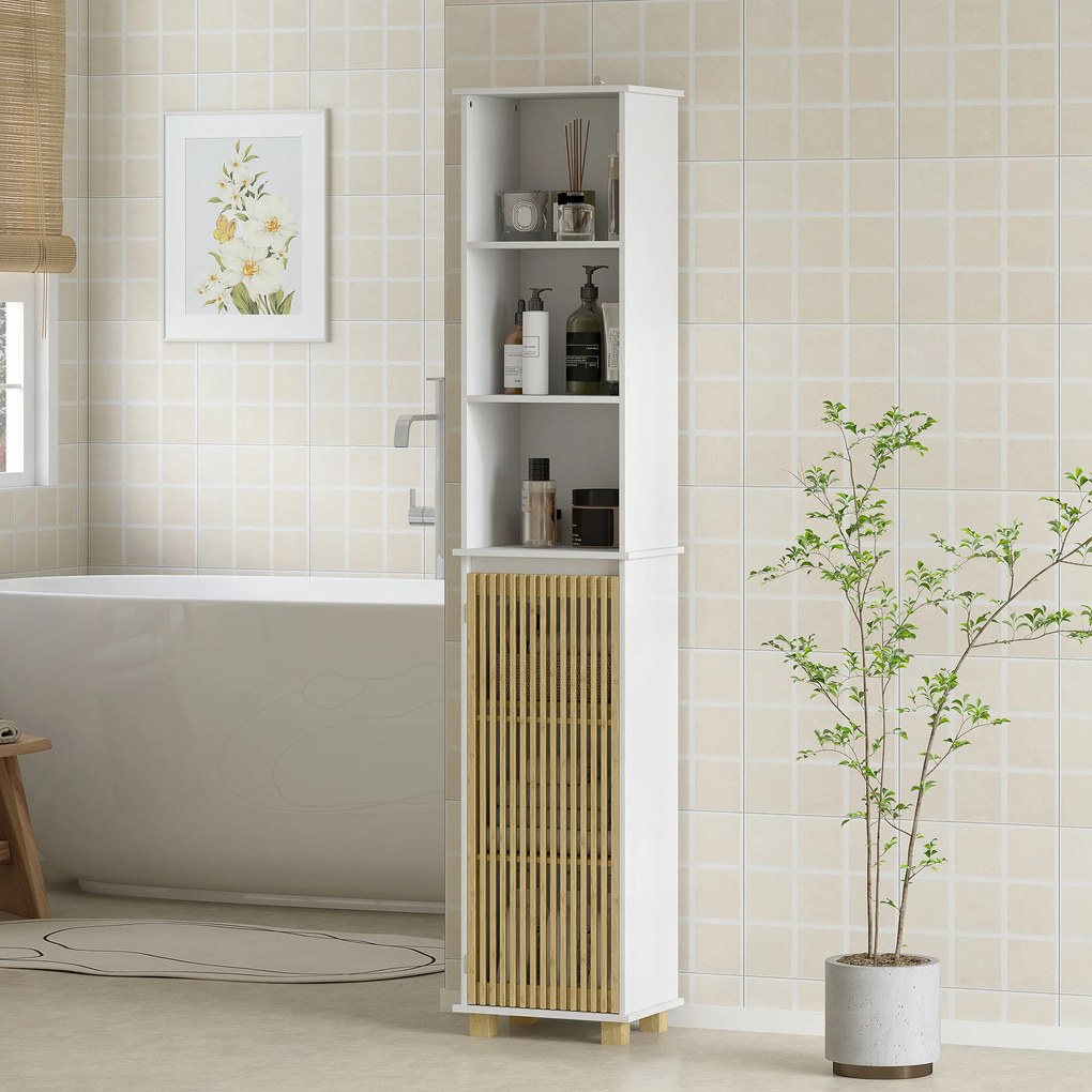 Armário de casa de banho, móvel de arrumação para casa de banho com porta de ripas de bambu e compartimentos abertos 35 x 26 x 173 cm branco