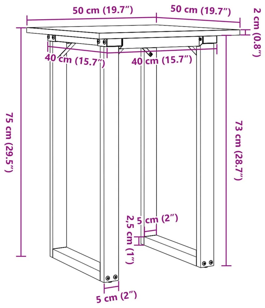 Mesa de jantar estrutura em O 50x50x75 cm pinho e aço