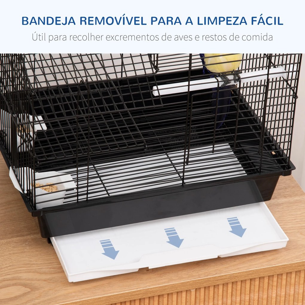 Gaiola para Pássaros 39x33x47cm Gaiola para Pássaros de Metal com 3 Portas 2 Comedouros 2 Poleiros Baloiço Bandeja Amovível e Alça de Transporte para