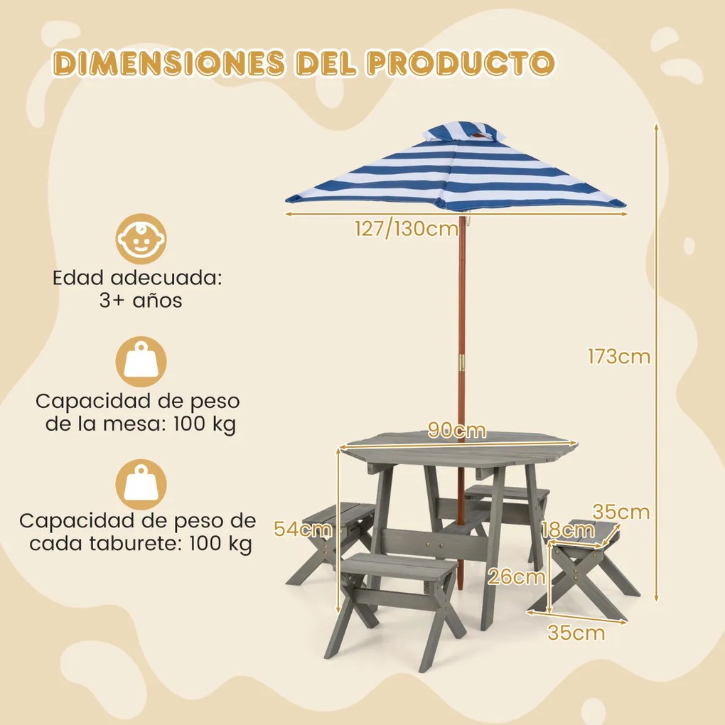 Conjunto de mesa de madeira para crianças com 4 cadeiras Guarda-sol dobrável de altura ajustável para pátio exterior Pátio jardim Cinzenta