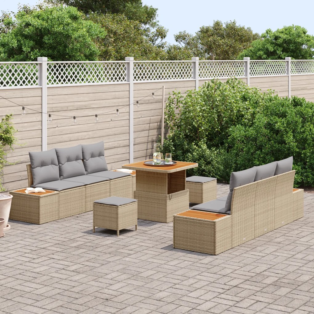 Conjunto de Sofá para Jardim vidaXL 9 Peças com Almofadas Bege Rattan