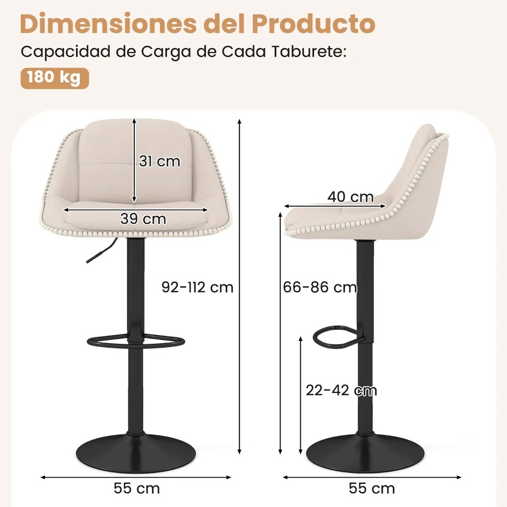 Conjunto de 2 bancos de bar modernos estofados em chenille com altura ajustável, encosto e assento acolchoados, apoio para os pés e giratórios, bege