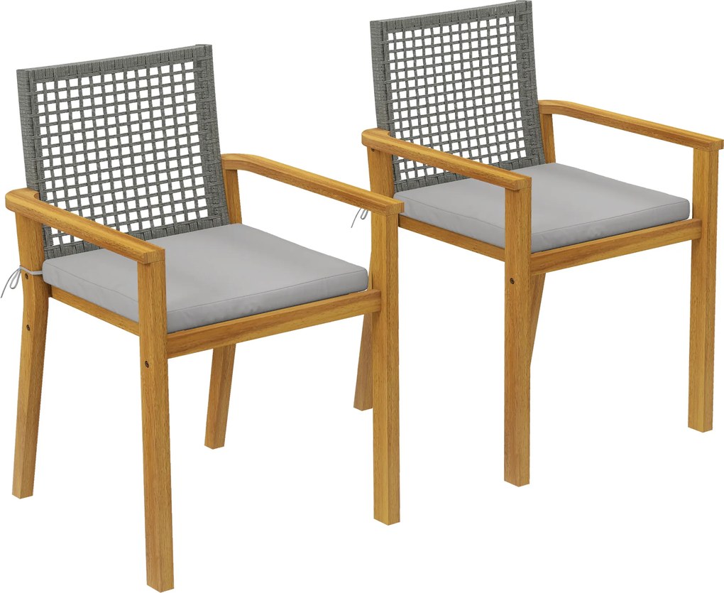 Outsunny Conjunto de 2 Cadeiras de Jardim Exterior em Madeira Empilháveis com Almofadas Removíveis Braços Encosto 59x55x86 cm Madeira | Aosom Portugal