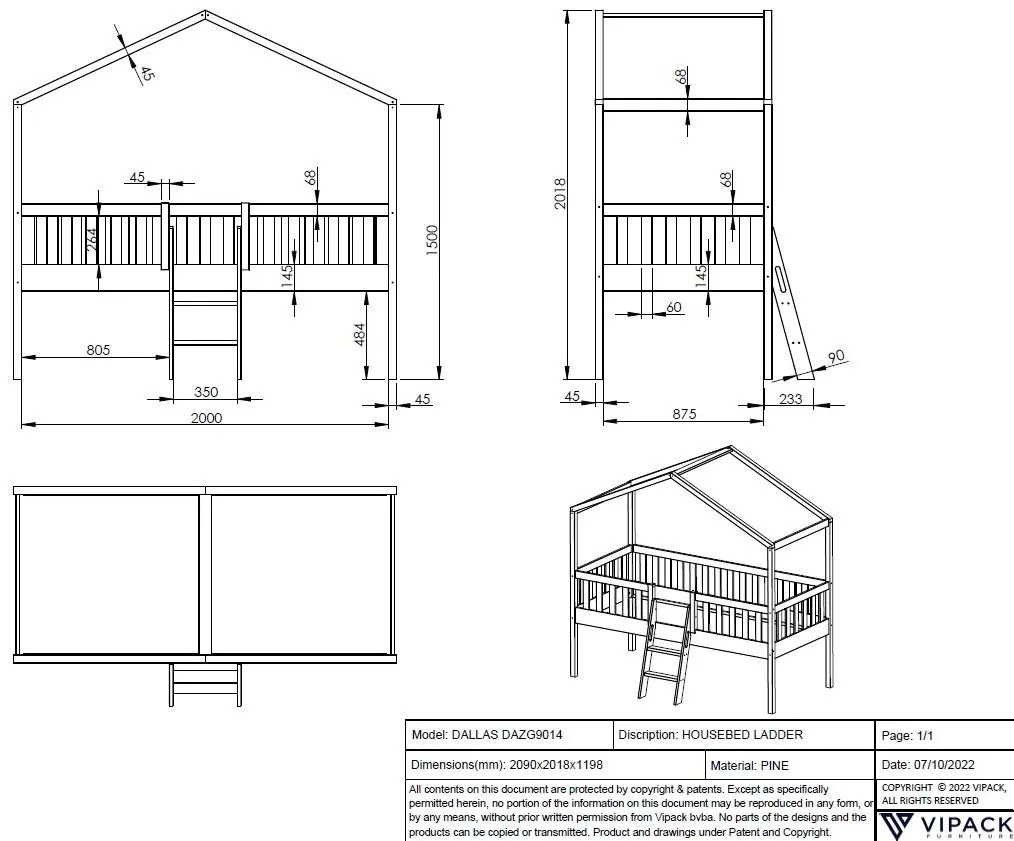 Cama infantil de Casa Alta DALLAS Com Escadas Branca