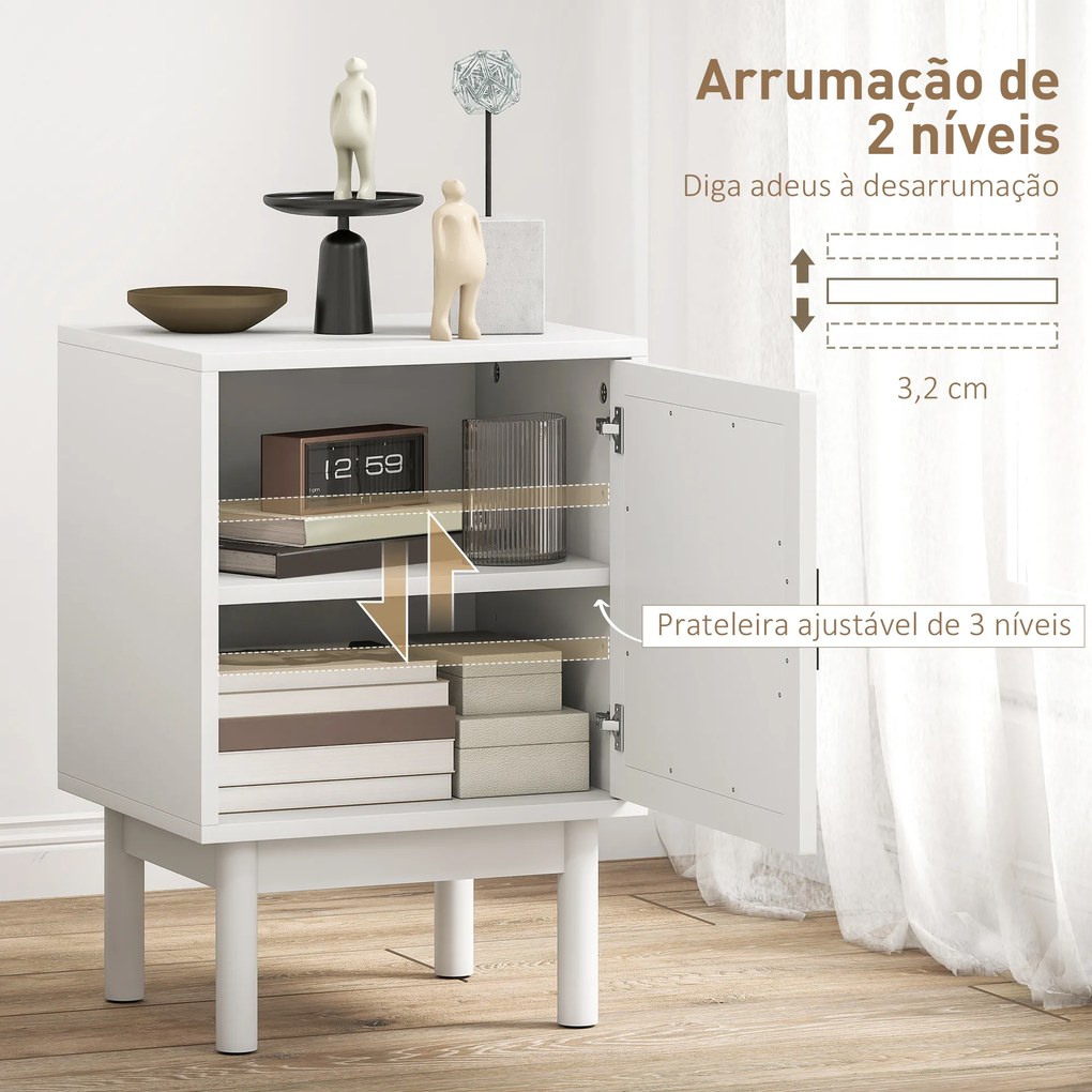 Mesa de Cabeceira com Porta de Vime Prateleira Ajustável e Pés de Madeira Estilo Boémio Mesa Auxiliar 40x35x58 cm Branco