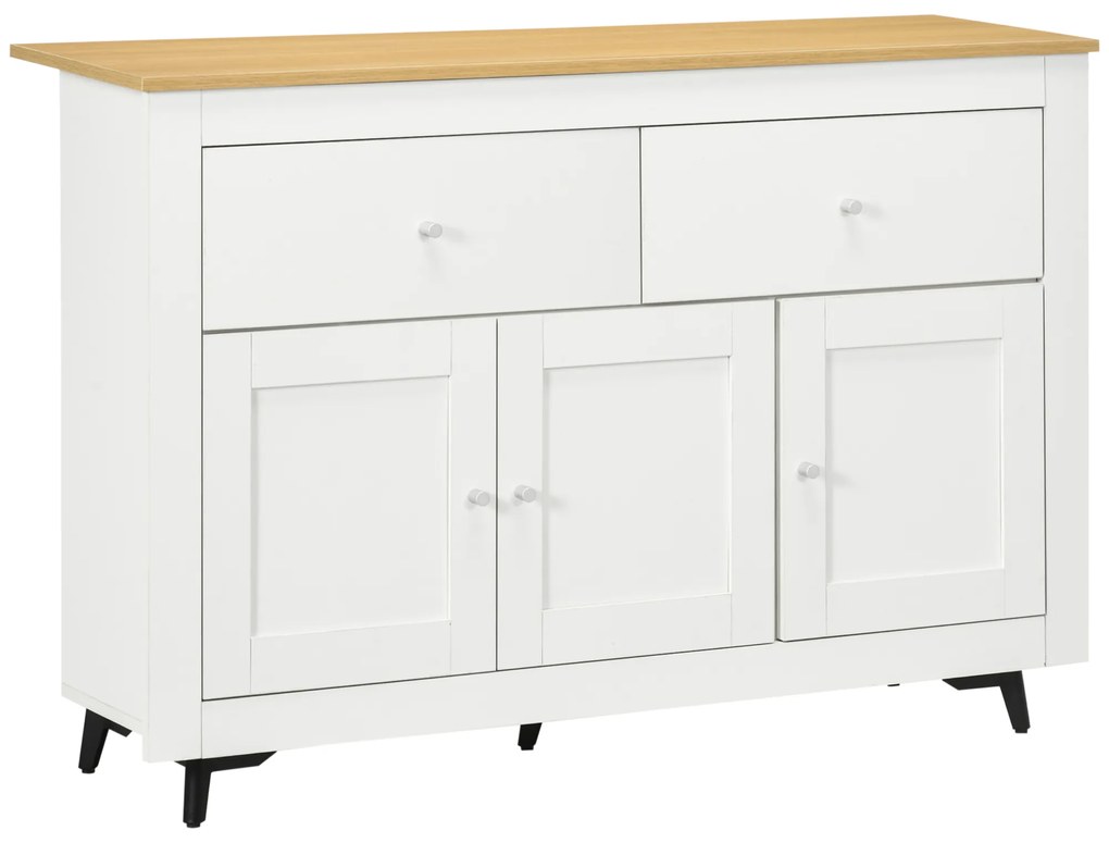 Aparador Móvel Auxiliar de Cozinha com 2 Gavetas 3 Portas e Prateleira Ajustável Móvel de TV de até 50 Polegadas 117x35x80 cm Branco e Madeira