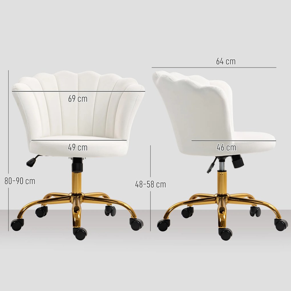 Cadeira de escritório em veludo, cadeira de Toucador com encosto em forma de pétala, altura ajustável, 69 x 64 x 80-90 cm, branca