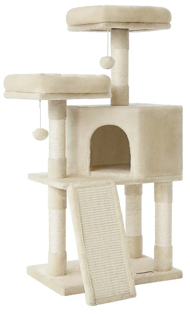 FEANDREA PCT141M01 Arranhador pequeno para gatos com plataforma de arranhar, pelúcia macia de 115 cm, coluna totalmente revestida de sisal, bege