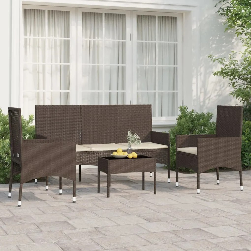 319499 vidaXL 4 pcs conjunto lounge jardim c/ almofadões vime PE castanho