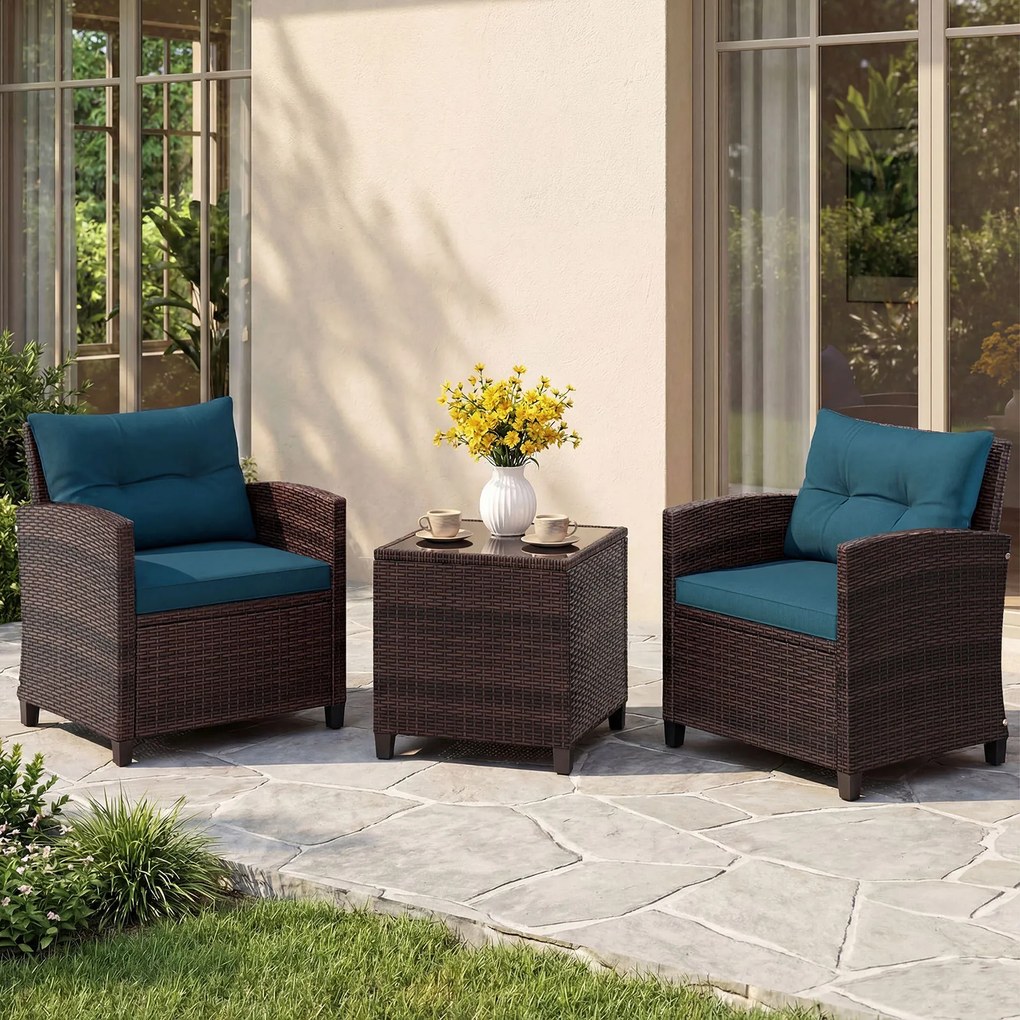 Conjunto de 2 Cadeiras de Exterior e Mesa Auxiliar, 67 x 64 x 77 cm, Ratan PE Entrançado à Mão, Castanho e Azul