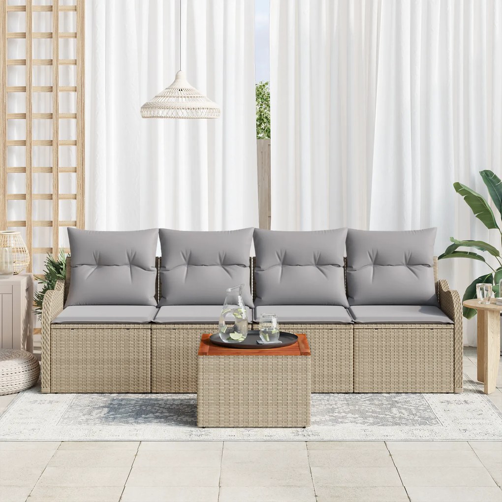 Conjunto de Sofá de Jardim vidaXL 5 Peças com Almofadas Bege Vime Sint