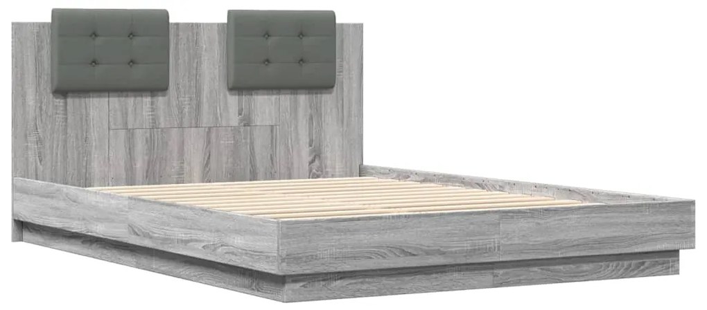 Estrutura de cama c/ cabeceira/luzes LED 120x200cm cinza sonoma