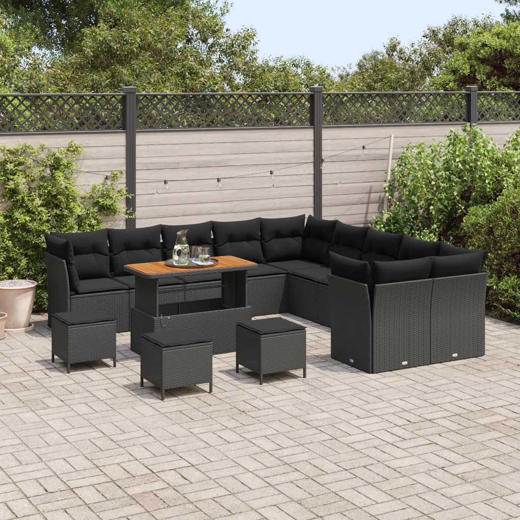 Conjunto de Sofá de Jardim vidaXL com 14 Peças e Almofadas Preto Ratta