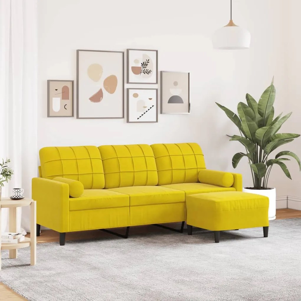 Sofá de 3 lugares com apoio de pés 180 cm veludo amarelo