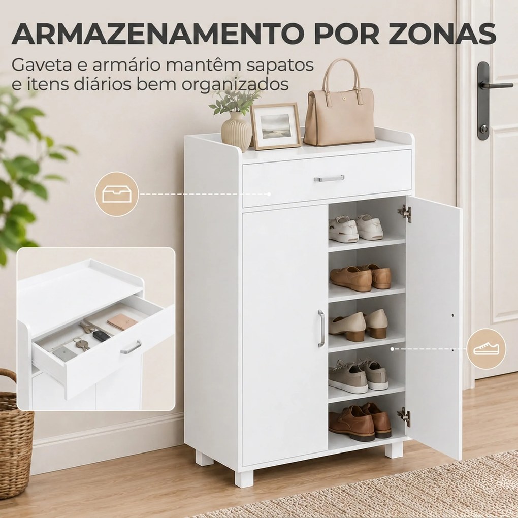Sapateira com Prateleiras Ajustáveis Gaveta e Portas 62,5 x 35 x 95 cm para 6 Pares Branco