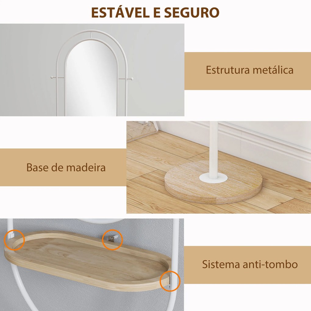 Espelho de Pé 50x175,5 cm Espelho de Corpo Inteiro com Bandeja de Madeira 4 Ganchos e Estrutura de Metal 50x40x175,5 cm Branco