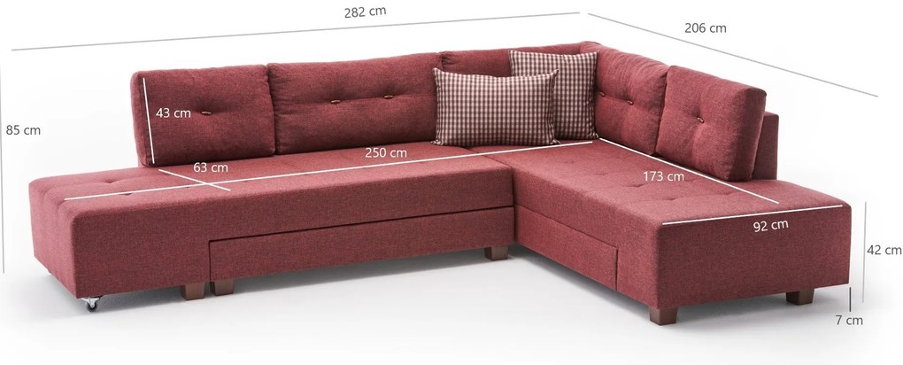Sofá-cama de Canto Manama – Vermelho Claret – 280 x 85 x 206 cm