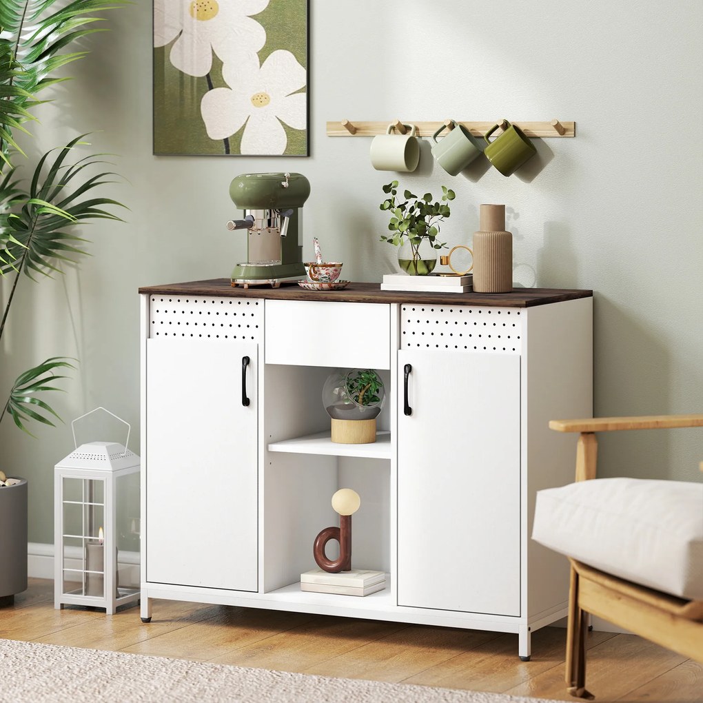 Aparador de 2 Portas com Orifícios 2 Compartimentos e Gaveta Prateleiras Ajustáveis 100x40x80 cm Branco e Castanho Rústico